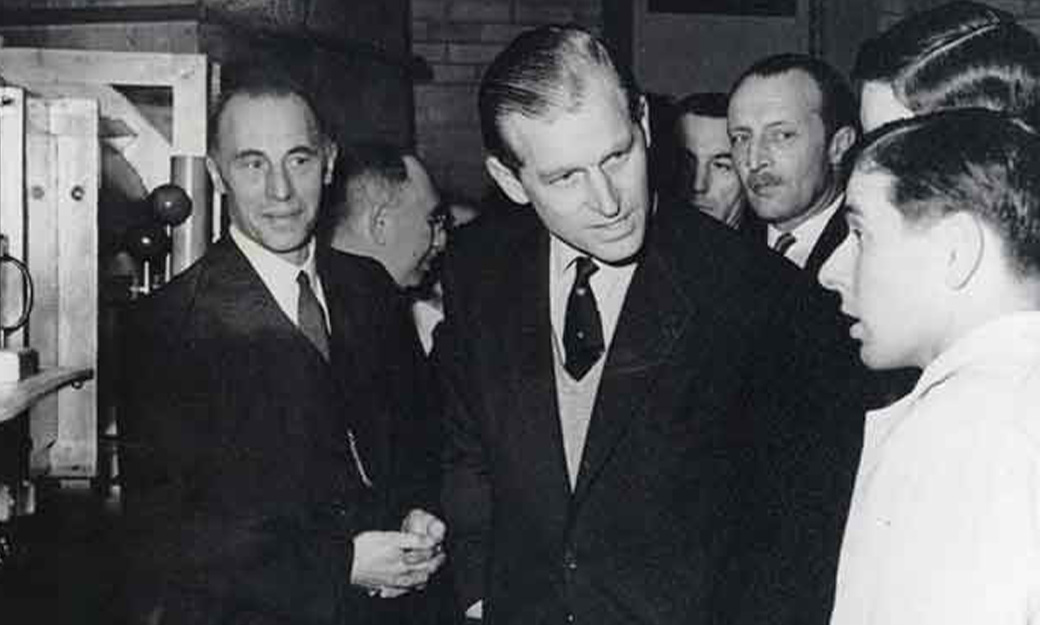 Prince Phillip speaking to student in 1952