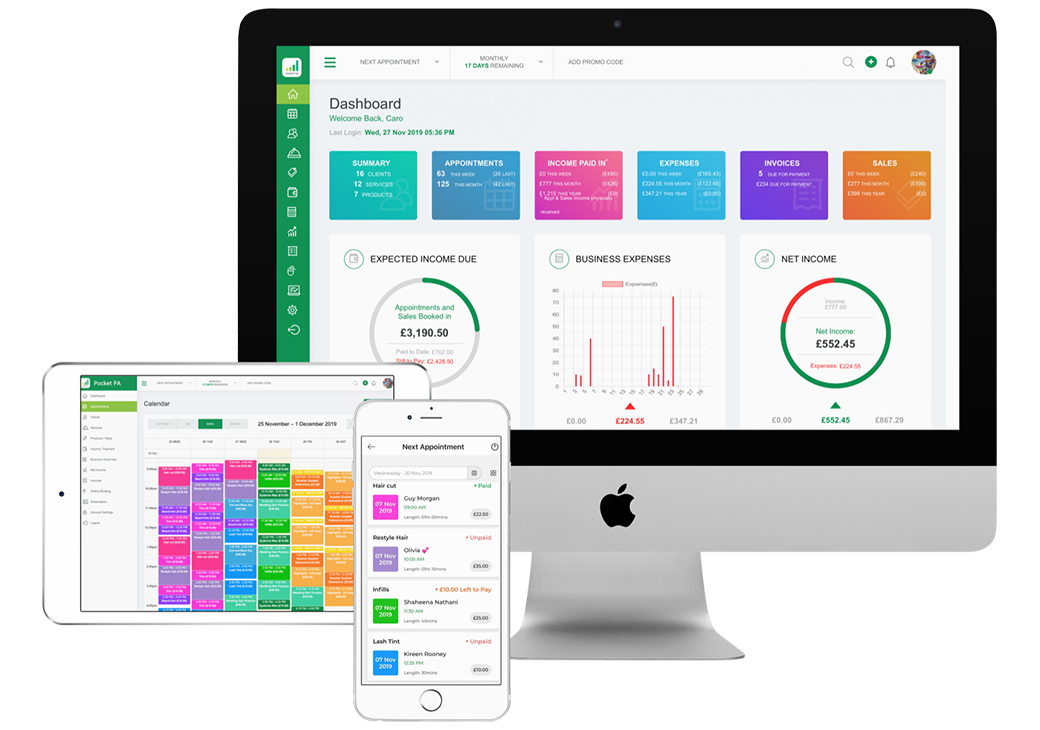 Pocket PA app demonstrated on tablet, phone and monitor